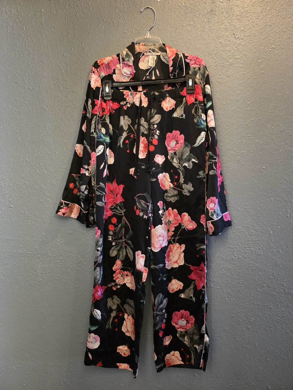 Victoria's Secret Black Floral Satin Pajama Set with Pink & Red Blossoms